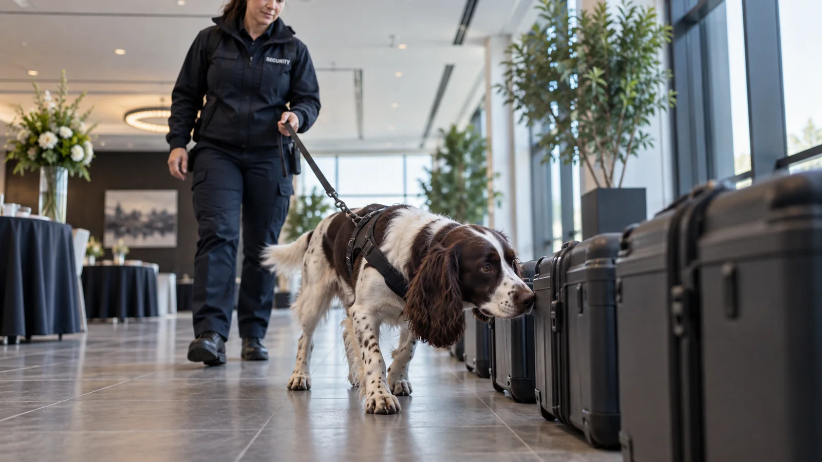 Detection dog handler and spaniel searching cases inside a conference venue